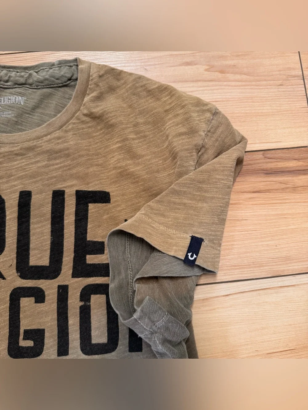 True Religion Men's Olive Green Distressed Spellout Tee
